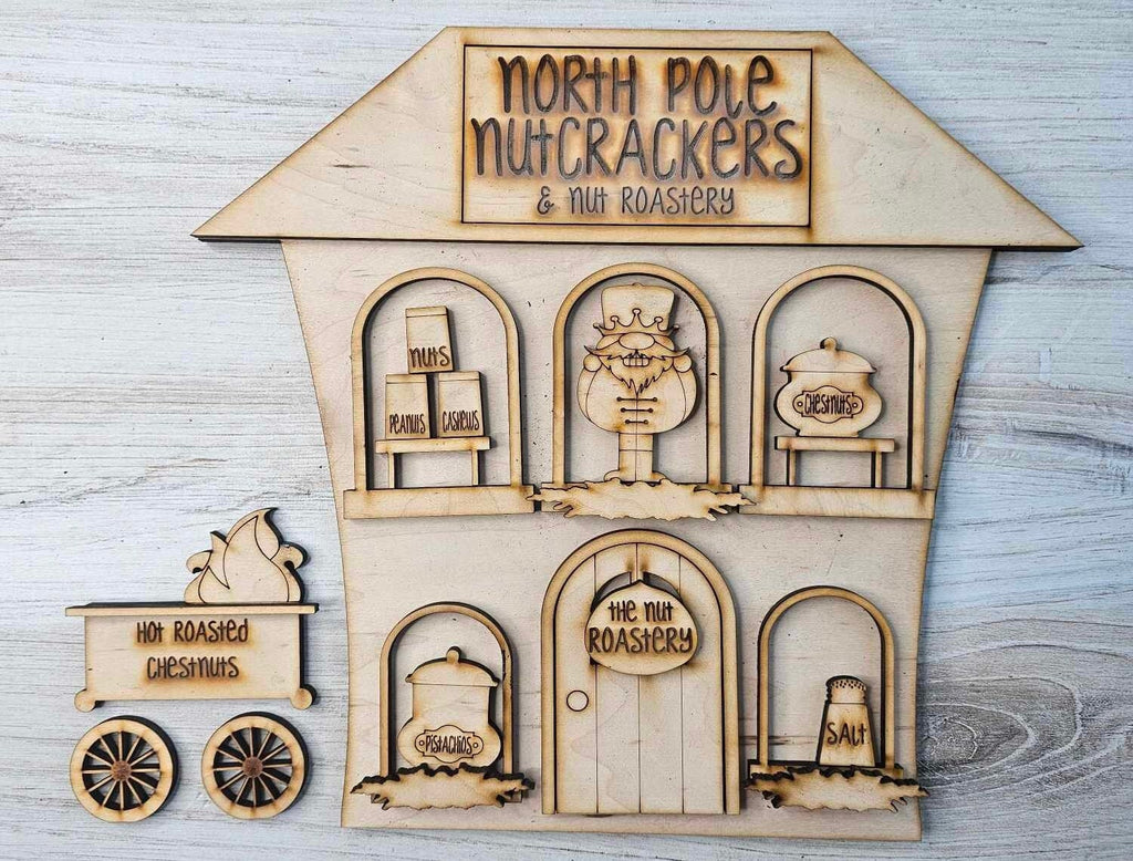 Christmas Village Self Standing Double Sided Pieces - North Pole Nutcrackers & Nut Roastery - Winter Village Wood Blanks