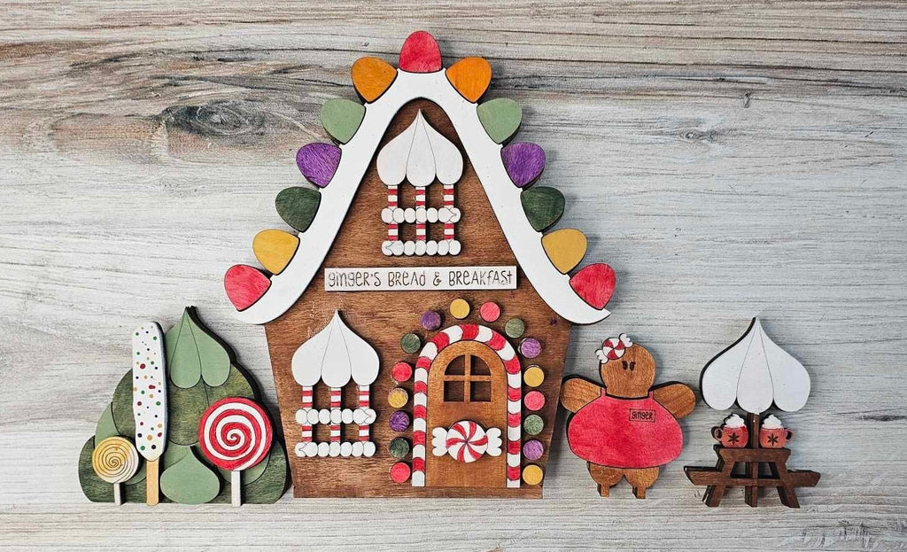 Christmas Village Self Standing Double Sided Pieces - GINGERBREAD BED & BREAKFAST- Winter Village Wood Blanks
