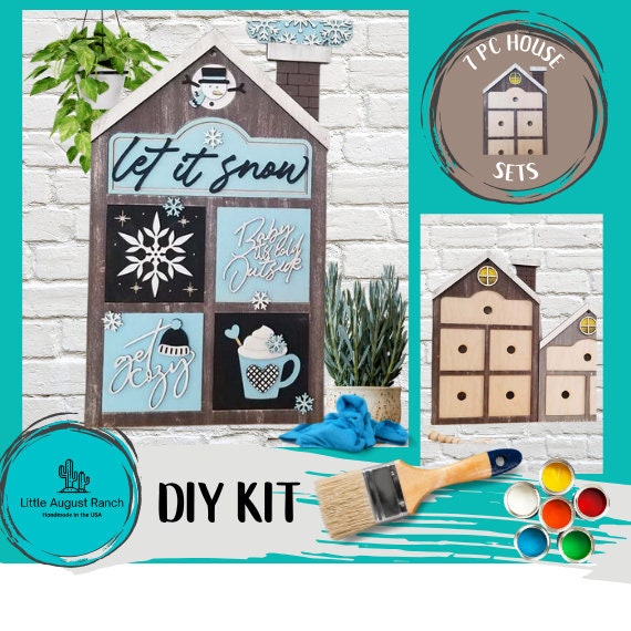 Let it Snow Square Inserts for House Frames Interchangeable 7 Piece Wood Squares - DIY Wood Blank Paint Kit