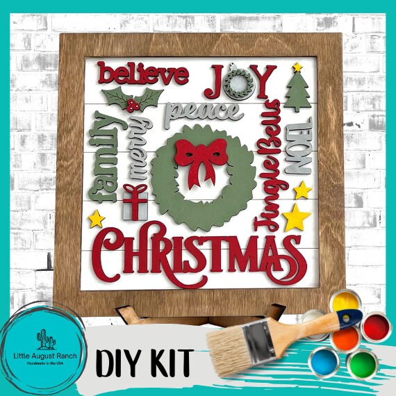 Traditional Christmas Word Collage Square Framed - DIY Wood Blank Paint and Craft Kit