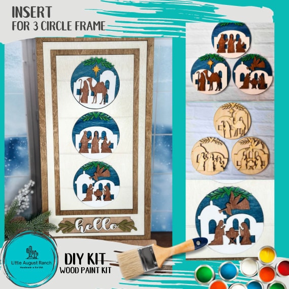 Nativity DIY Wood Paint Kit for 3 Circle Frame - Interchangeable Decor Wood Blanks for Painting and Crafting