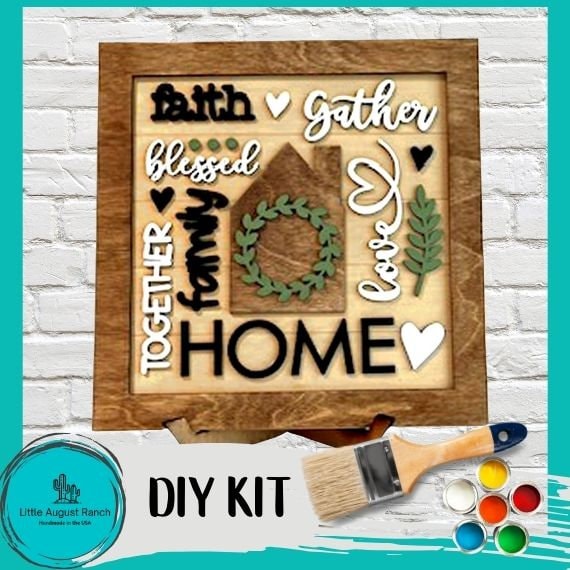 Home Word Collage Square Framed - DIY Wood Blank Paint and Craft Kit