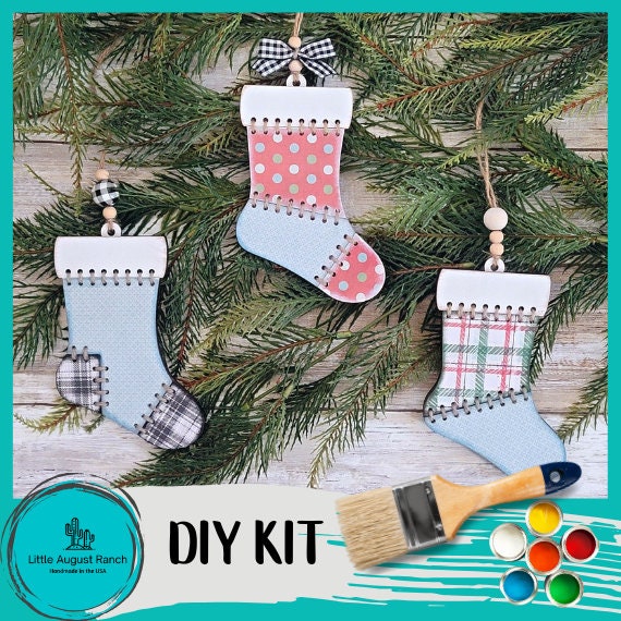 Stitched Stocking Christmas Ornament Collection - Traditional Christmas Tree Ornaments - Wood Blanks to Paint and Craft