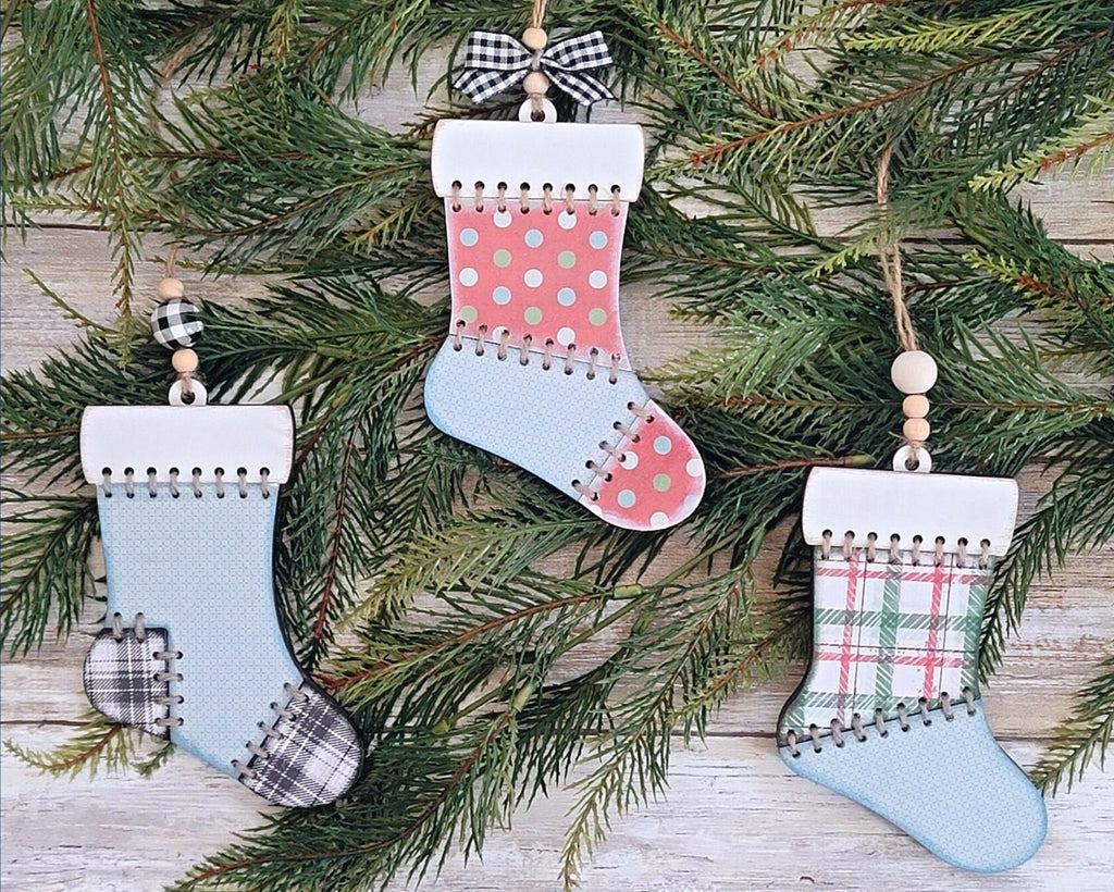 Stitched Stocking Christmas Ornament Collection - Traditional Christmas Tree Ornaments - Wood Blanks to Paint and Craft