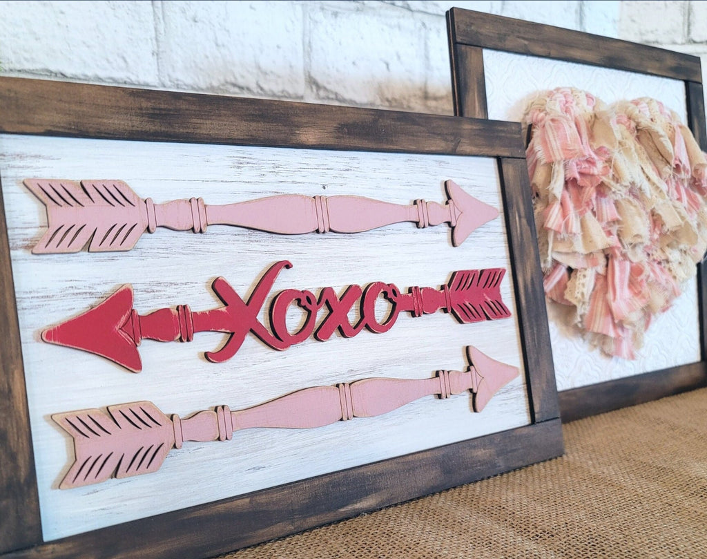 Framed Spindle Arrows and Heart Duo - DIY Wood Blanks for Painting and Crafting- Fabric Scraps Project