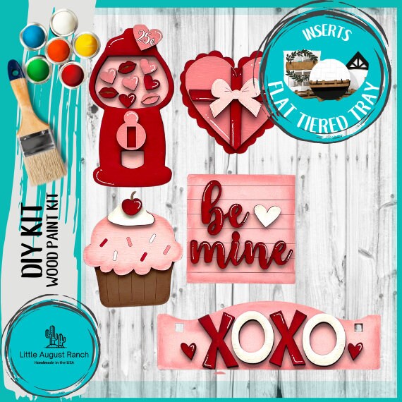 Be Mine Valentine Tiered Tray Set with Banner - Flat Tiered Tray Holder for Display - Wood Blanks for Crafting and Painting