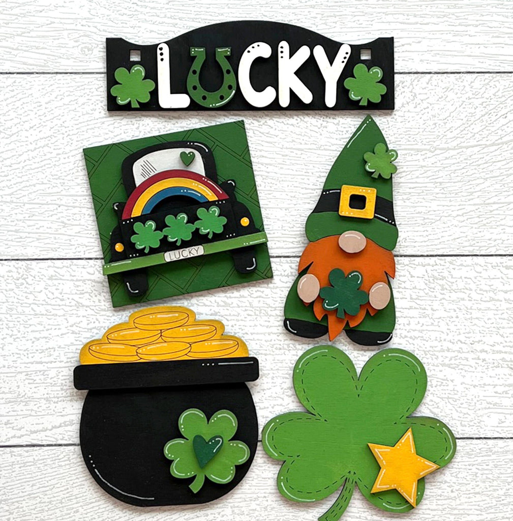 St Patrick's Day Lucky Gnome Tiered Tray Set with Banner - Flat Tiered Tray Holder for Display - Wood Blanks for Crafting and Painting