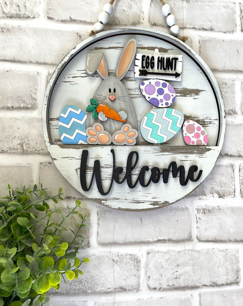 Egg Hunt Easter Bunny Hip Hop DIY Interchangeable Door Hanger Insert- Wood Blank Set for Painting and Crafting