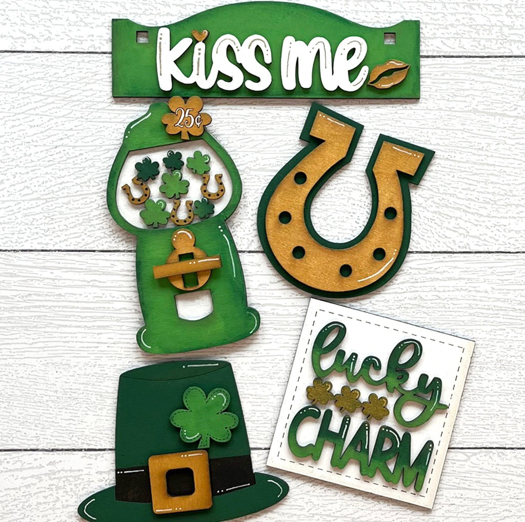 St Patrick's Day Kiss Me Tiered Tray Set with Banner - Flat Tiered Tray Holder for Display - Wood Blanks for Crafting and Painting