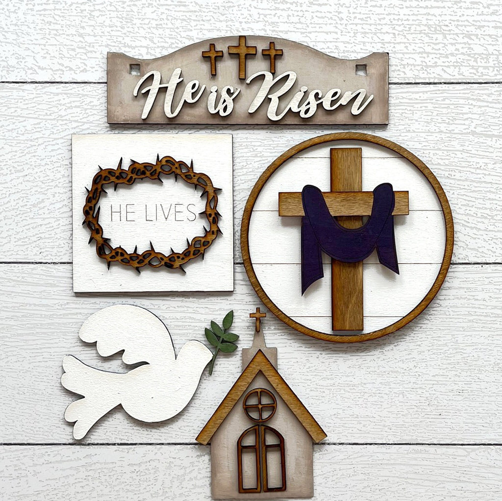 He is Risen Tiered Tray Set with Banner - Flat Tiered Tray Holder for Display - Wood Blanks for Crafting and Painting