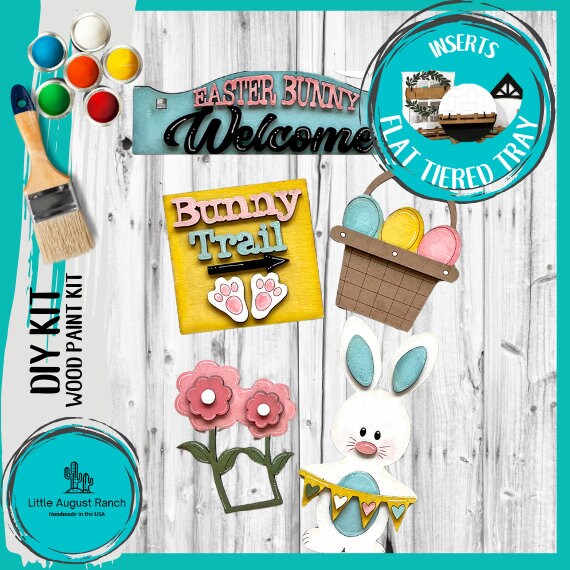 Bunny Trail Tiered Tray Set with Banner - Flat Tiered Tray Holder for Display - Wood Blanks for Crafting and Painting