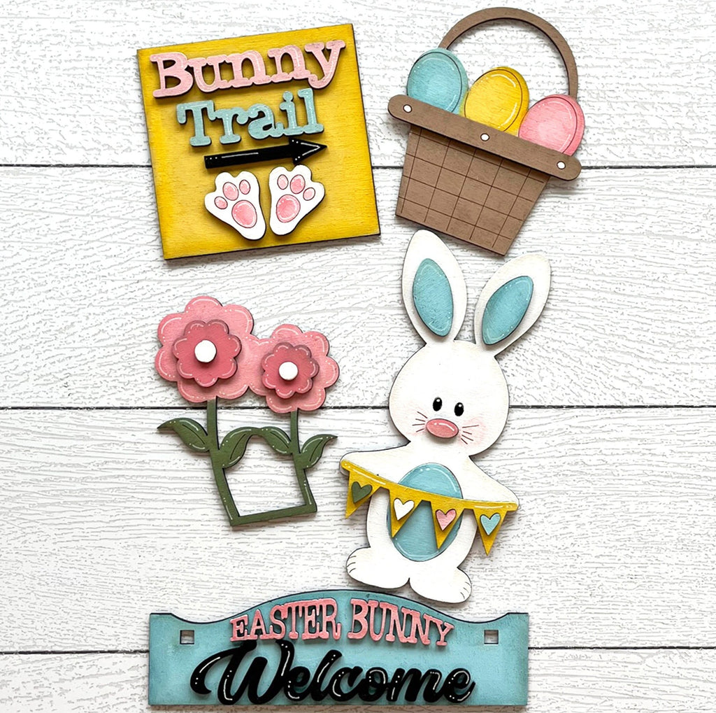 Bunny Trail Tiered Tray Set with Banner - Flat Tiered Tray Holder for Display - Wood Blanks for Crafting and Painting