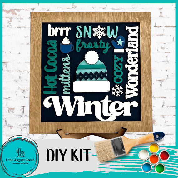 Winter Word Collage Square Framed - DIY Wood Blank Paint and Craft Kit