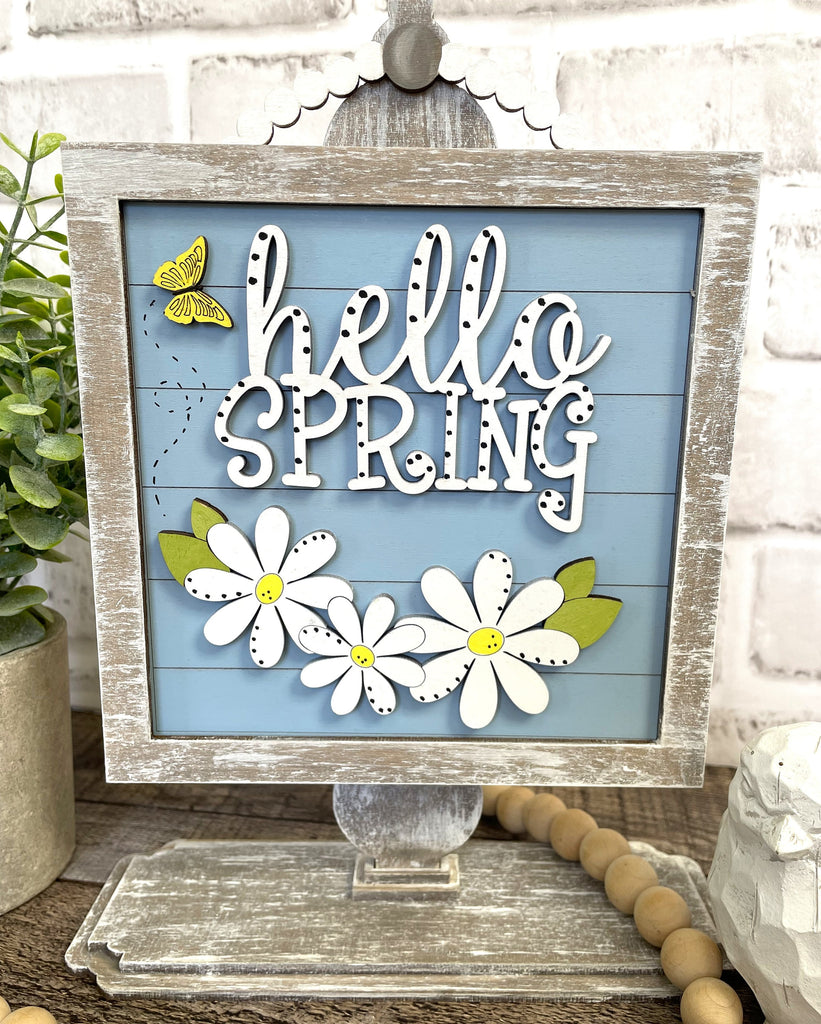 Hello Spring, Daisy DIY Tabletop Round/Square Sign Holder - Wood Blanks for Painting and Crafting - Drop in Frame