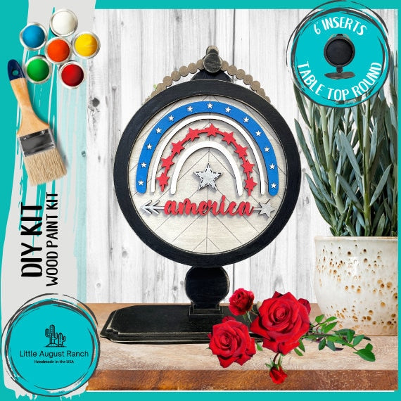 America Rainbow Tabletop Round Sign Holder - Wood Blanks for Painting and Crafting - Drop in Frame