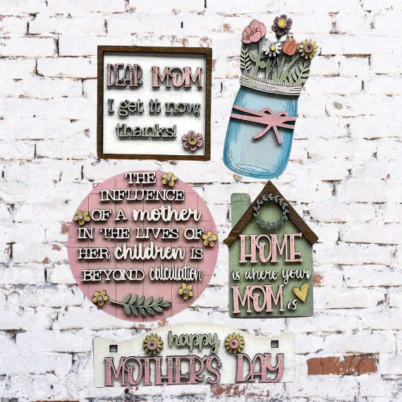 Mother's Day Tiered Tray Set with Banner - Flat Tiered Tray Holder for Display - Wood Blanks for Crafting and Painting