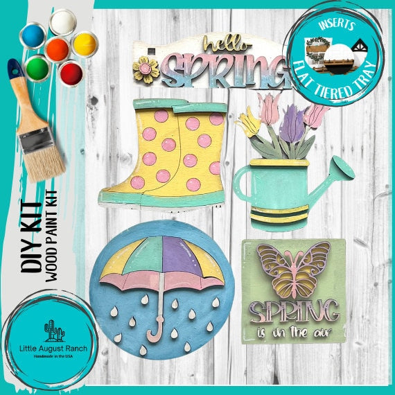Spring Showers Tiered Tray Set with Banner - Flat Tiered Tray Holder for Display - Wood Blanks for Crafting and Painting
