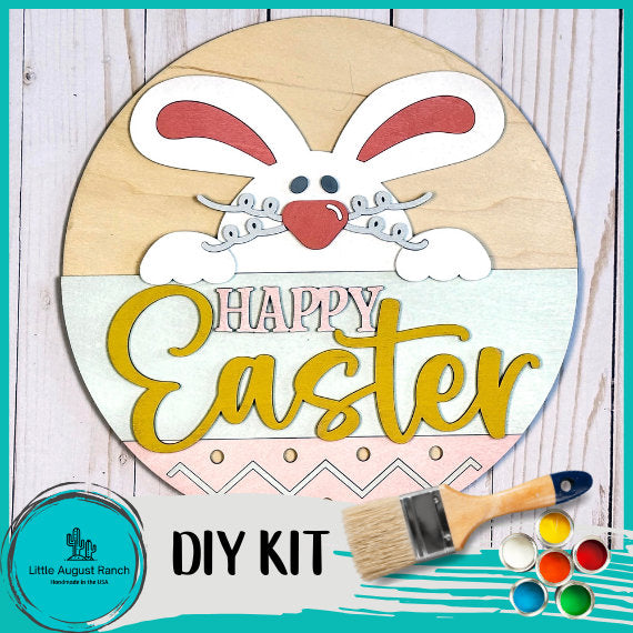 Happy Easter Door Hanger DIY Kit - Spring Paint Kit Wall Hanging - Paint Kit - Round Wood Blank