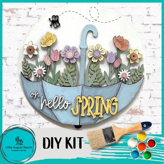 Hello Spring Flower Umbrella Round Hanger - DIY Wood Blanks for Painting and Crafting