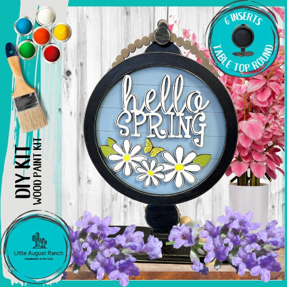 Hello Spring, Daisy DIY Tabletop Round/Square Sign Holder - Wood Blanks for Painting and Crafting - Drop in Frame