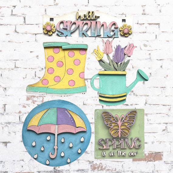 Spring Showers Tiered Tray Set with Banner - Flat Tiered Tray Holder for Display - Wood Blanks for Crafting and Painting