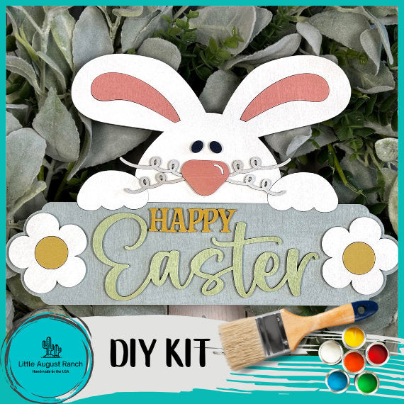 Happy Easter Bunny Shaped Door Hanger DIY Kit - Spring Paint Kit Wall Hanging - Paint Kit - Round Wood Blank