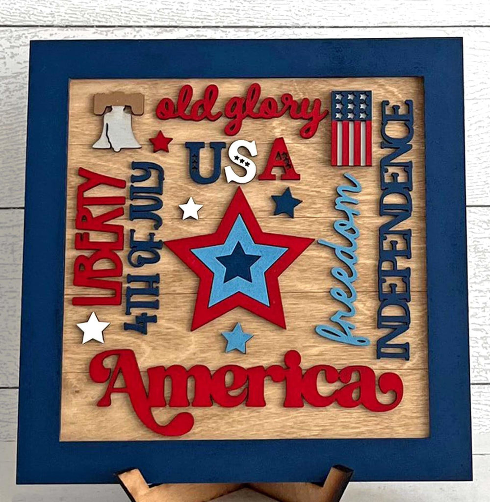 America Word Collage Square Framed - DIY Wood Blank Paint and Craft Kit