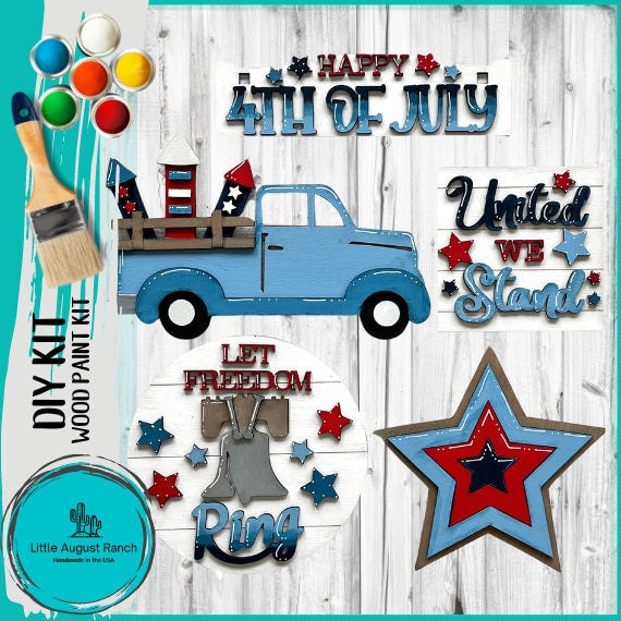 4th of July Truck Tiered Tray Set with Banner - Flat Tiered Tray Holder for Display - Wood Blanks for Crafting and Painting