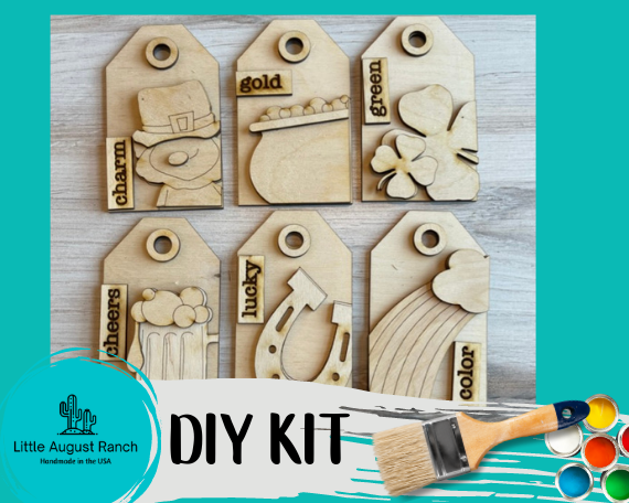Little August Ranch St Patrick's Day DIY Kit including DIY St Patrick Tags-  Tree Ornament Wood Blanks - Saint Patrick Ornaments - St Patty Gift Tags and tiered tray DIY sets.
